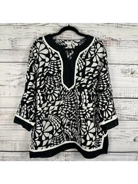 Womens Shanghai Red Black White Print V Neck 3/4 Sleeve Linen Tunic Blouse Sz 1X